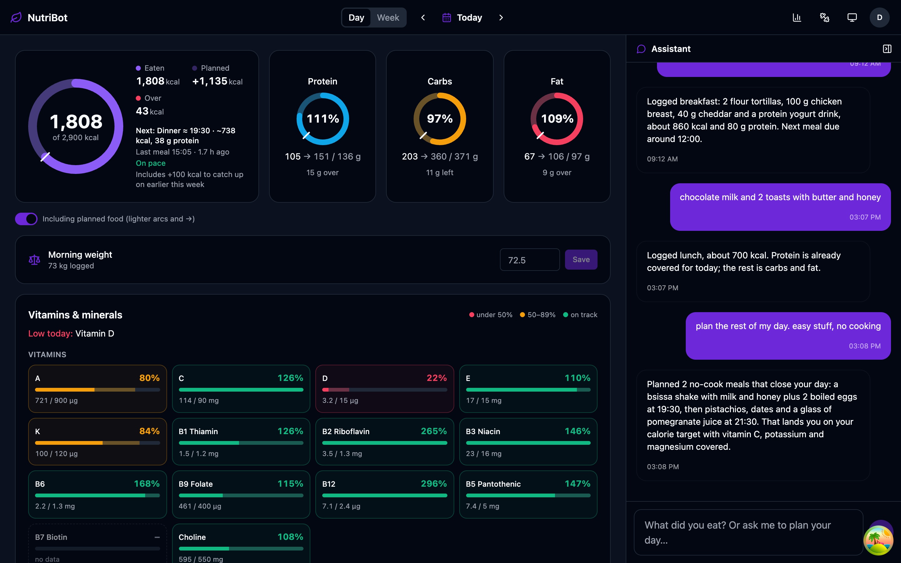 Day view: macro rings, vitamins and minerals, and a planned evening · demo data